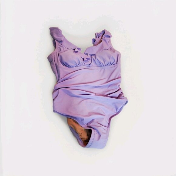 Women's Ruffle Plunge One Piece Swimsuit Shade & Shore Lavender Purple Size 16 - Picture 3 of 8